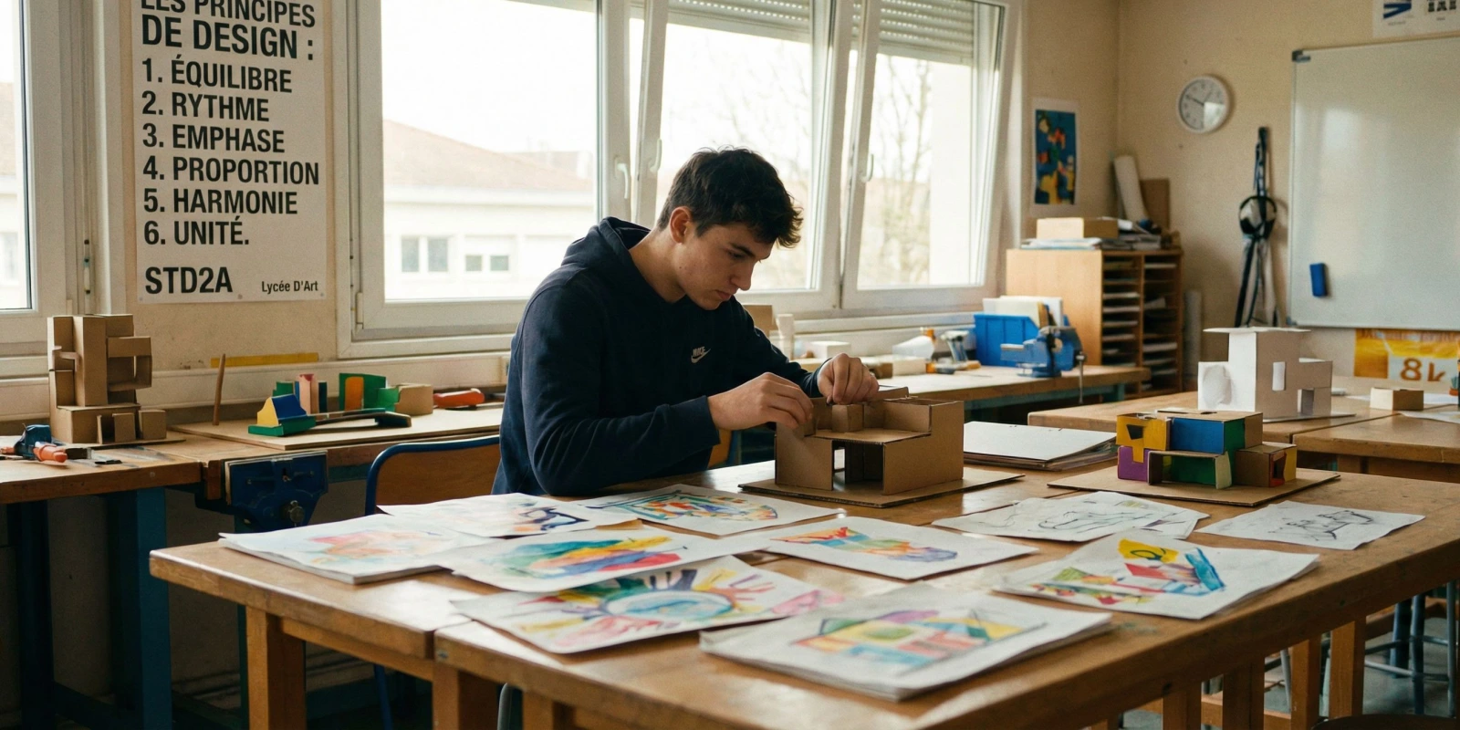 Épreuve Conception et Création en Design (Bac STD2A) : Conseils et Exemples Élève de terminale STD2A travaillant sur un projet créatif de design avec croquis et maquettes